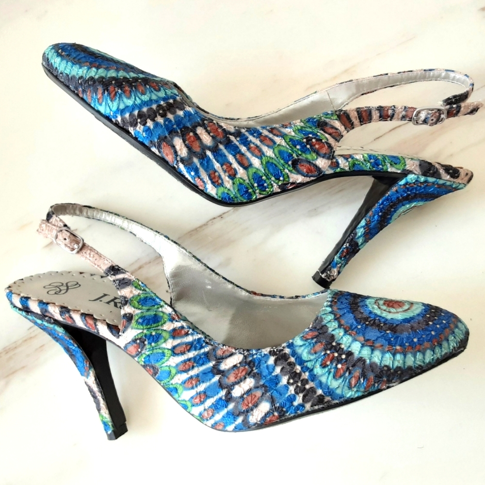 J. RENEE Camelia Peacock Print Textile Slingback Heels Sz 7